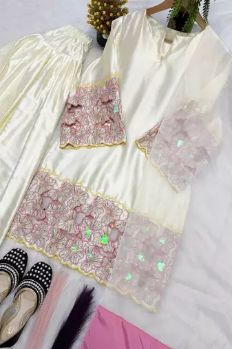 Designer ivory kurta palazzo set with pink floral lace work