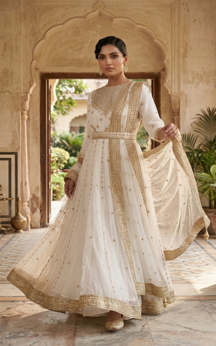 Premium off-white designer anarkali gown for women