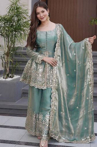 Women’s sky blue embroidered fandy silk kurta sharara set with dupatta – festive & party wear ethnic suit