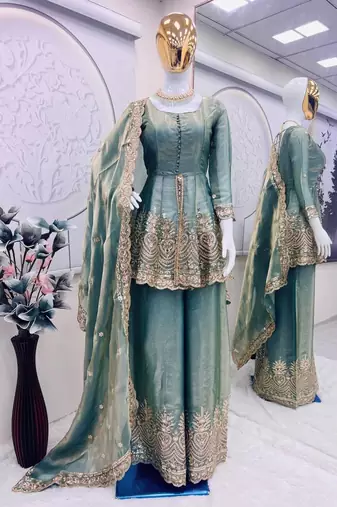 Women s sky blue embroidered fandy silk kurta sharara set with dupatta festive & party wear ethnic suit