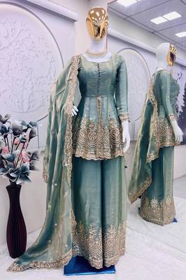 Women s sky blue embroidered fandy silk kurta sharara set with dupatta festive & party wear ethnic suit 5