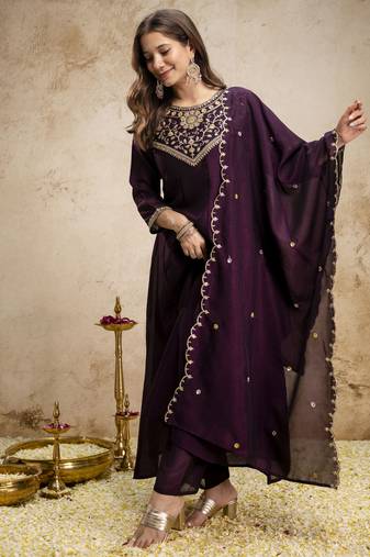 Wine color women’s embroidered vichitra silk anarkali kurta set with dupatta – flared ethnic suit for festive