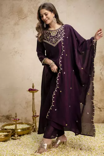 Wine color women’s embroidered vichitra silk anarkali kurta set with dupatta – flared ethnic suit for festive