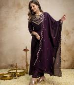 Wine color women’s embroidered vichitra silk anarkali kurta set with dupatta – flared ethnic suit for festive