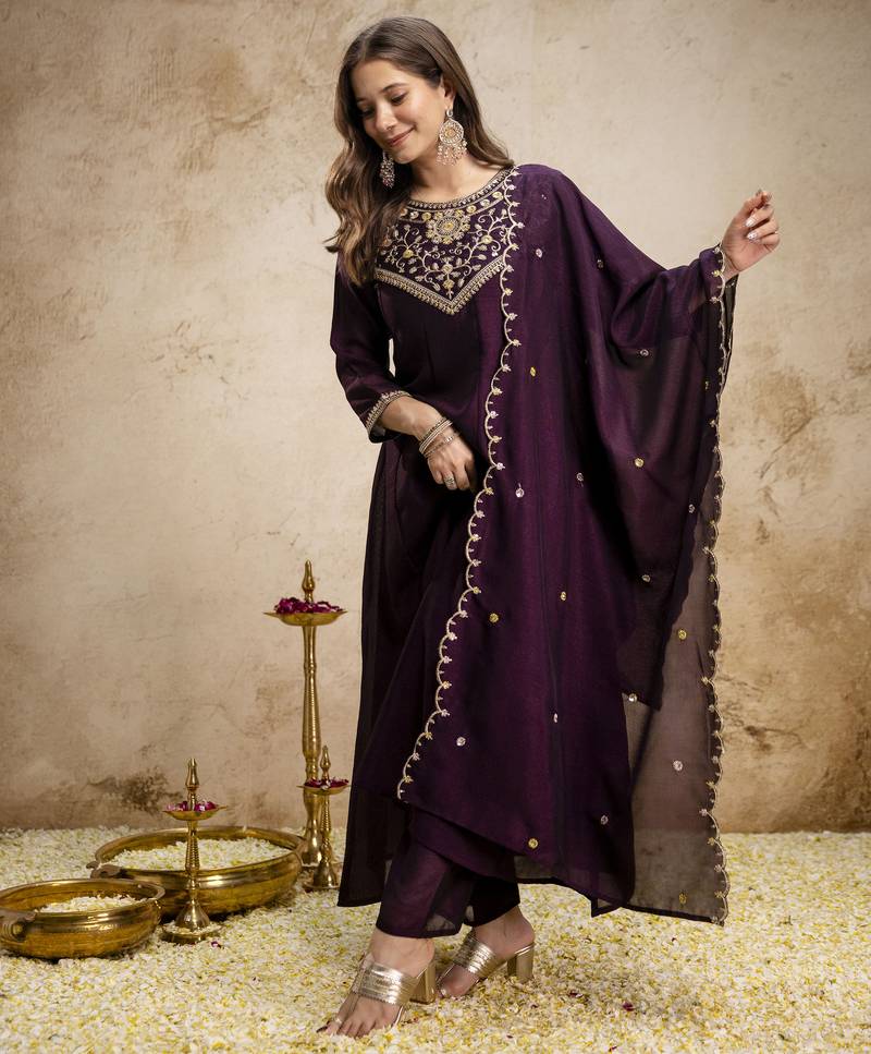 Wine color women’s embroidered vichitra silk anarkali kurta set with dupatta – flared ethnic suit for festive