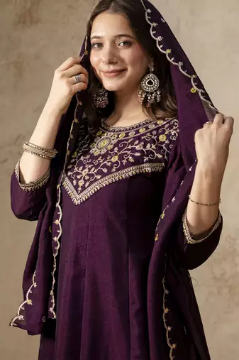 Wine women  s embroidered vichitra silk anarkali kurta set with dupatta   flared ethnic suit for festive