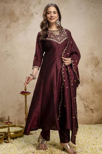 Coffee color women’s embroidered vichitra silk anarkali kurta set with dupatta – flared ethnic suit for festive