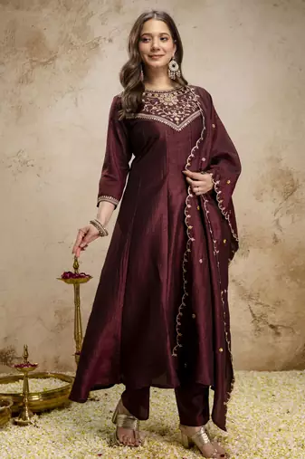 Coffee color women’s embroidered vichitra silk anarkali kurta set with dupatta – flared ethnic suit for festive