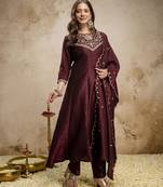 Coffee color women’s embroidered vichitra silk anarkali kurta set with dupatta – flared ethnic suit for festive