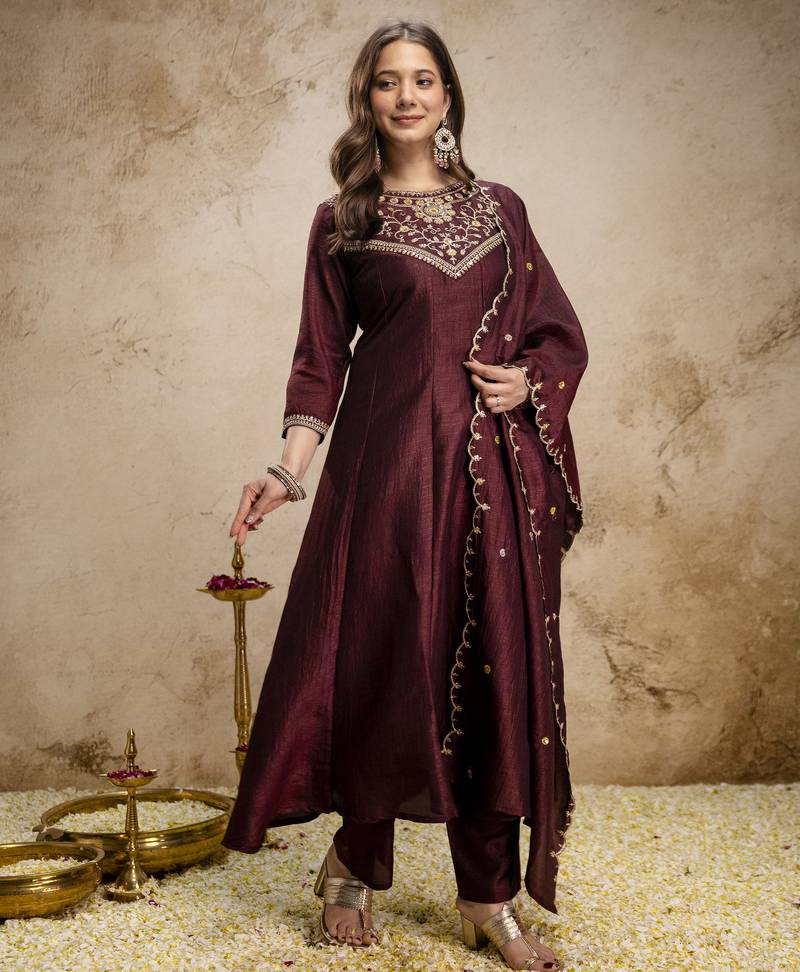 Coffee color women’s embroidered vichitra silk anarkali kurta set with dupatta – flared ethnic suit for festive