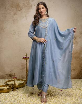 Skybluewomen s embroidered vichitra silk anarkali kurta set with dupatta flared ethnic suit for festive 1