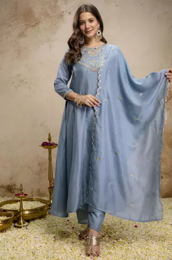 Skyblue color women’s embroidered vichitra silk anarkali kurta set with dupatta – flared ethnic suit for festive