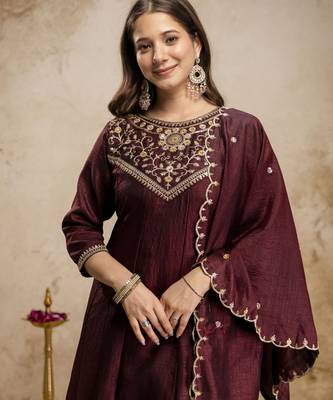 Coffeewomen s embroidered vichitra silk anarkali kurta set with dupatta flared ethnic suit for festive 2