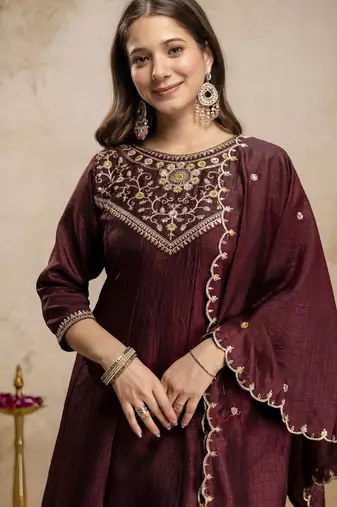 Coffeewomen s embroidered vichitra silk anarkali kurta set with dupatta flared ethnic suit for festive