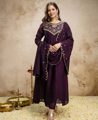 Wine women  s embroidered vichitra silk anarkali kurta set with dupatta   flared ethnic suit for festive 4