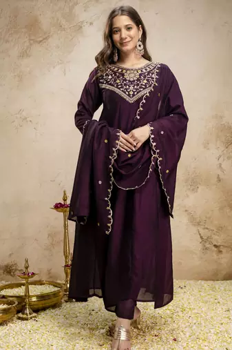 Wine women  s embroidered vichitra silk anarkali kurta set with dupatta   flared ethnic suit for festive