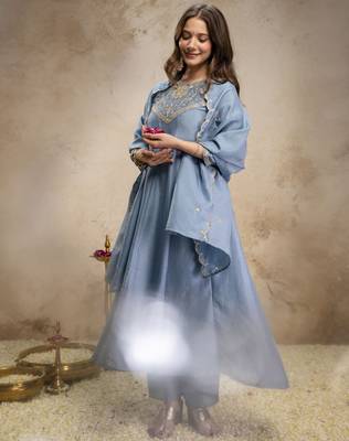 Skybluewomen s embroidered vichitra silk anarkali kurta set with dupatta flared ethnic suit for festive 2