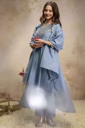 Skybluewomen s embroidered vichitra silk anarkali kurta set with dupatta flared ethnic suit for festive