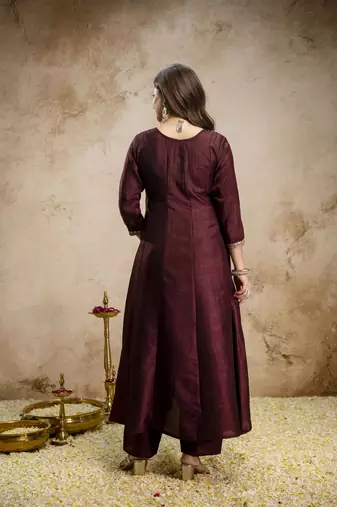 Coffeewomen s embroidered vichitra silk anarkali kurta set with dupatta flared ethnic suit for festive