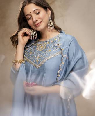 Skybluewomen s embroidered vichitra silk anarkali kurta set with dupatta flared ethnic suit for festive 3