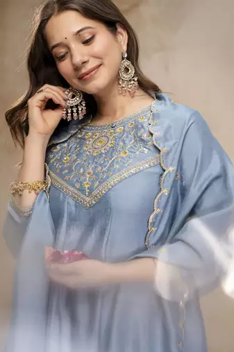 Skybluewomen s embroidered vichitra silk anarkali kurta set with dupatta flared ethnic suit for festive