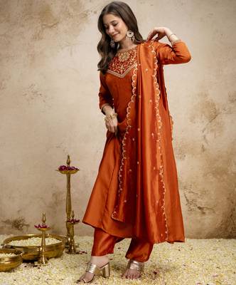 Orangewomen s embroidered vichitra silk anarkali kurta set with dupatta flared ethnic suit for festive 3