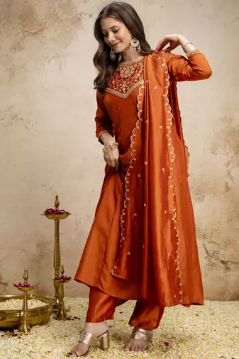 Orangewomen s embroidered vichitra silk anarkali kurta set with dupatta flared ethnic suit for festive