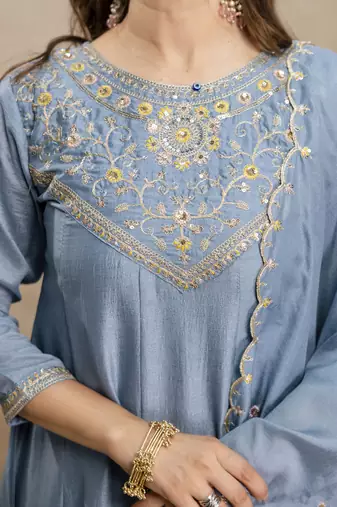 Skybluewomen s embroidered vichitra silk anarkali kurta set with dupatta flared ethnic suit for festive
