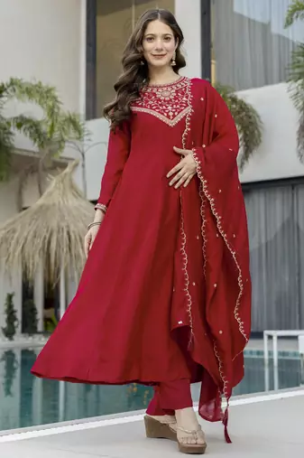 Red color women’s embroidered vichitra silk anarkali kurta set with dupatta – flared ethnic suit for festive