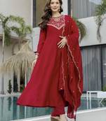 Red color women’s embroidered vichitra silk anarkali kurta set with dupatta – flared ethnic suit for festive