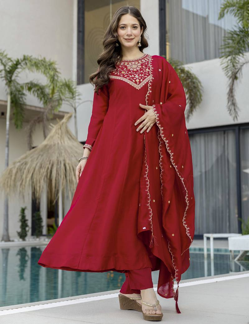 Red color women’s embroidered vichitra silk anarkali kurta set with dupatta – flared ethnic suit for festive