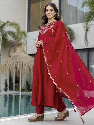 Redwomen s embroidered vichitra silk anarkali kurta set with dupatta flared ethnic suit for festive 2