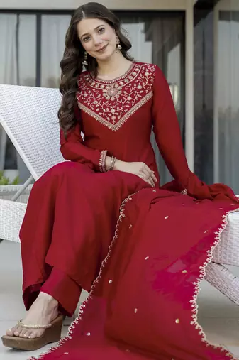 Redwomen s embroidered vichitra silk anarkali kurta set with dupatta flared ethnic suit for festive