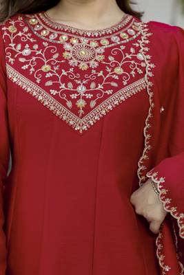 Redwomen s embroidered vichitra silk anarkali kurta set with dupatta flared ethnic suit for festive 4
