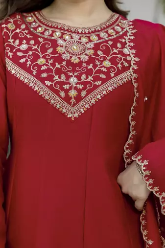 Redwomen s embroidered vichitra silk anarkali kurta set with dupatta flared ethnic suit for festive