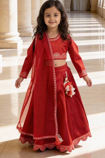 Red Embroidered Raw Silk Lehenga Set
