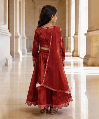 Red Embroidered Raw Silk Lehenga Set 2