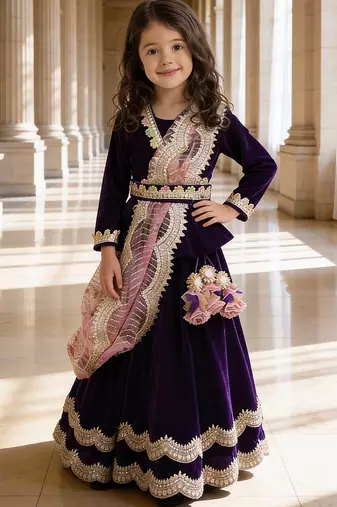 Purple Embroidered Velvet Lehenga Set