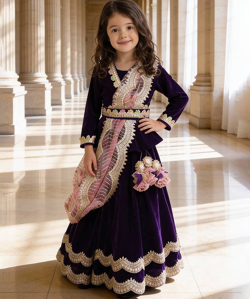 Purple Embroidered Velvet Lehenga Set