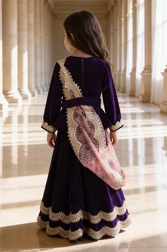 Purple Embroidered Velvet Lehenga Set