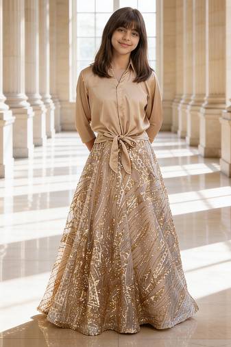 Beige Embroidered Satin Indo Western Lehenga Set