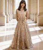 Beige Embroidered Satin Indo Western Lehenga Set