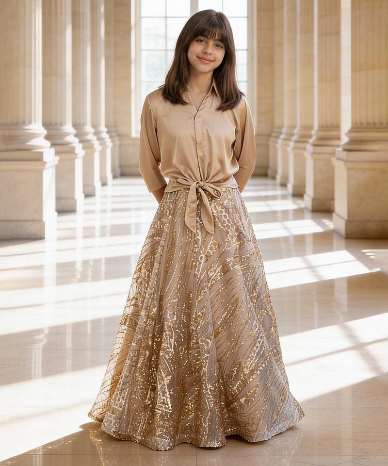 Beige Embroidered Satin Indo Western Lehenga Set