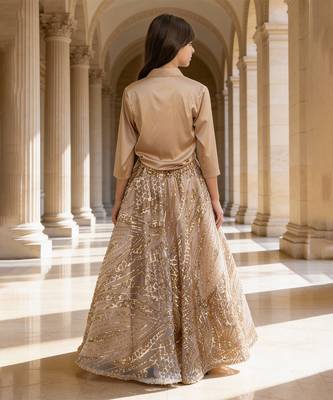 Beige Embroidered Satin Indo Western Lehenga Set 2