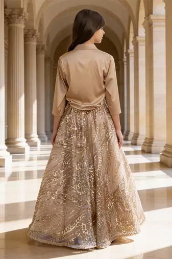 Beige Embroidered Satin Indo Western Lehenga Set