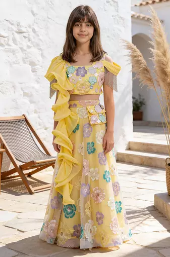 Yellow Embroidered Net Lehenga Set