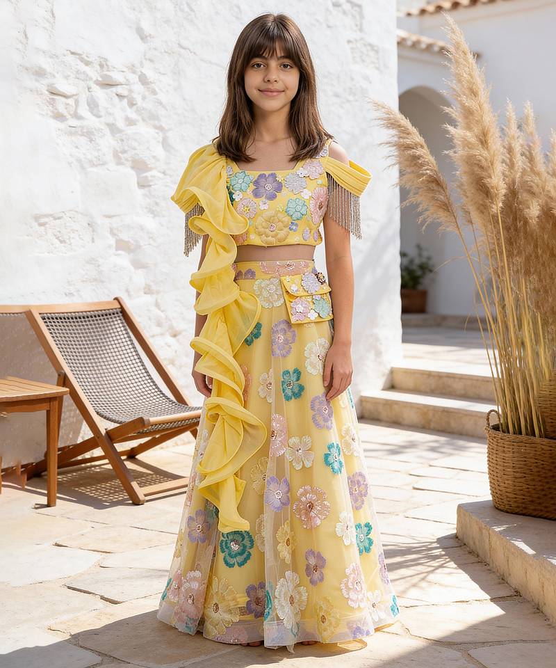 Yellow Embroidered Net Lehenga Set