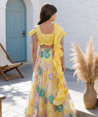 Yellow Embroidered Net Lehenga Set 2
