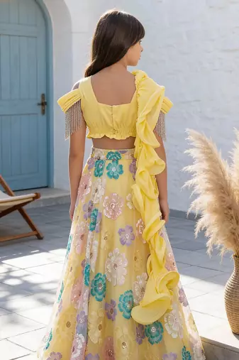 Yellow Embroidered Net Lehenga Set