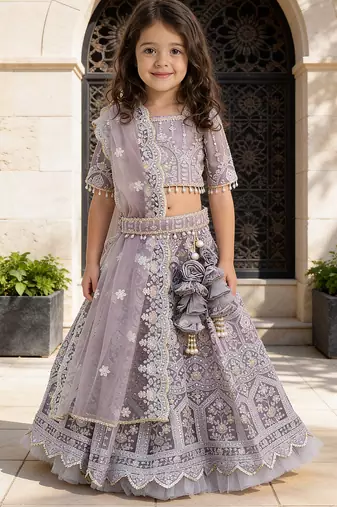 Lilac Embroidered Net Lehenga Set